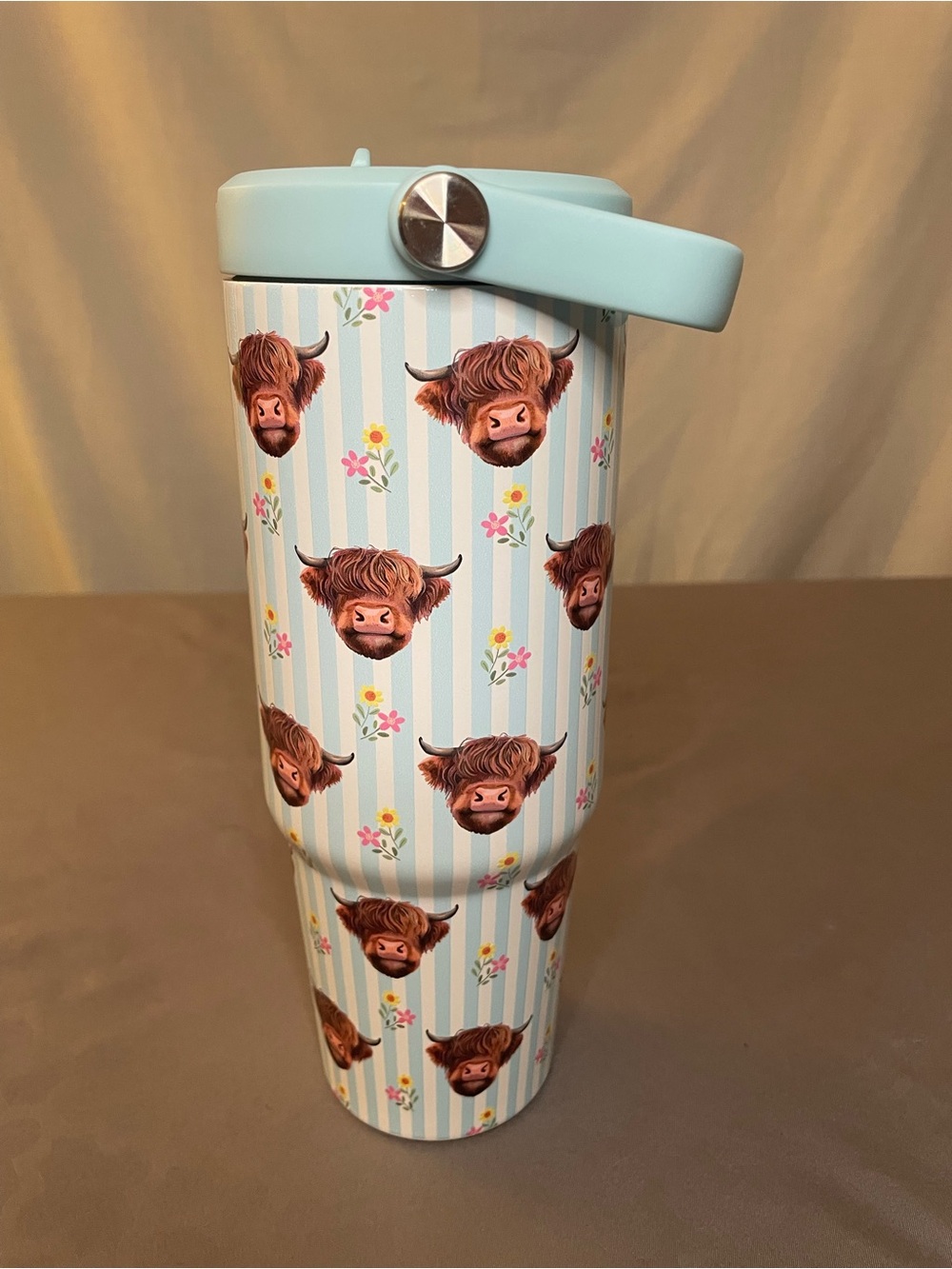Blue Striped Insulated Travel Cup with Highland Cow Design